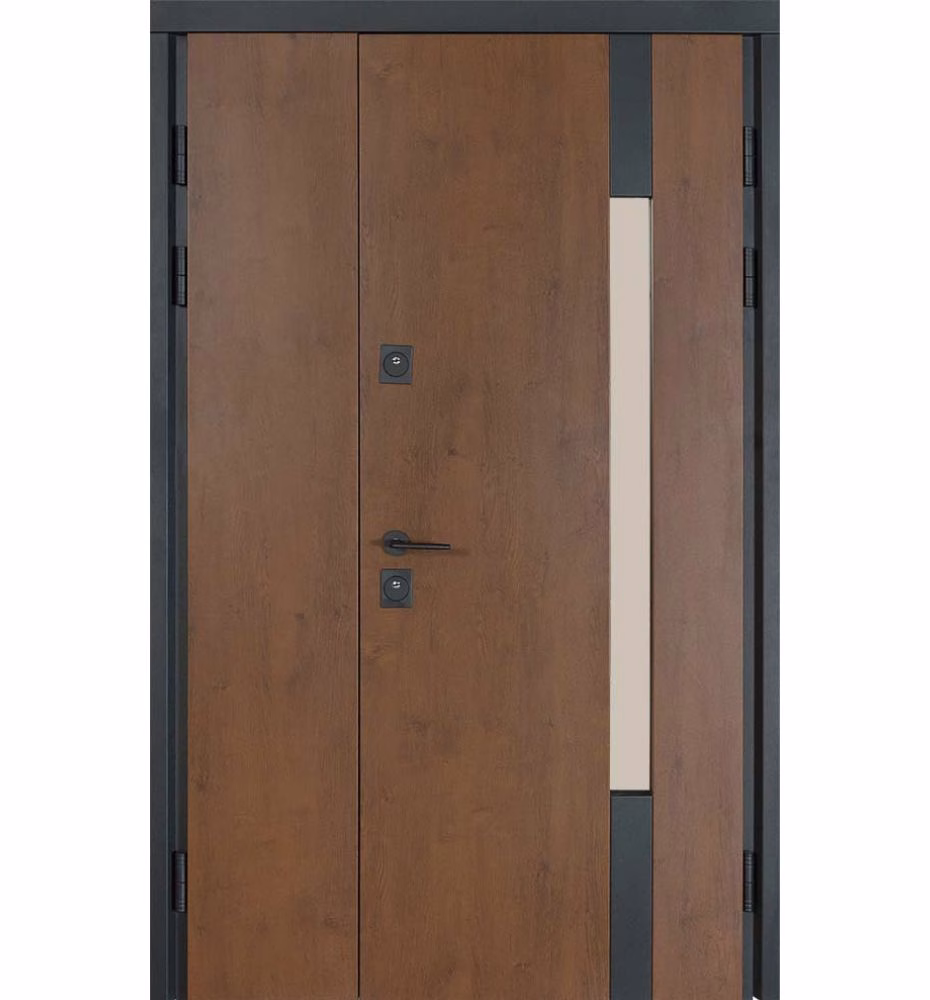 zovnishnya-storona-vhidnih-metalevih-dverey-bulat-termo-house-1200mm-model-705-428-kolir-dub-bronza-gorih-naturalniy Вхідні двері на замовлення Булат Термо Хаус, модель 705. Полуторні - 1200 мм, з терморозривом та склопакетом