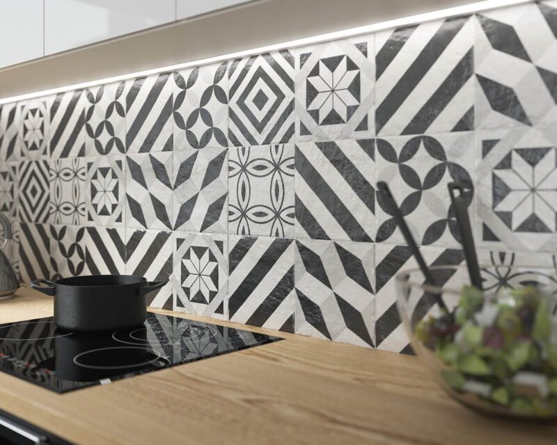 eb401-wzorzysta-sciana-w-kuchni-modern Плитка керамогранітна Modern Motyw C STR 198x198x7,5 Paradyz