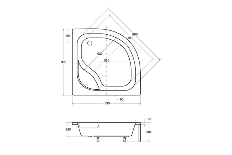 Піддон півкруглий DIPER I 90x90x24/38,5 з сидінням + ноги