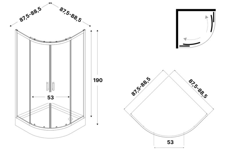 Душова кабіна півкругла SUVIA 2D R55 90x90х190 скло clear ACTIVE SHIELD 5мм
