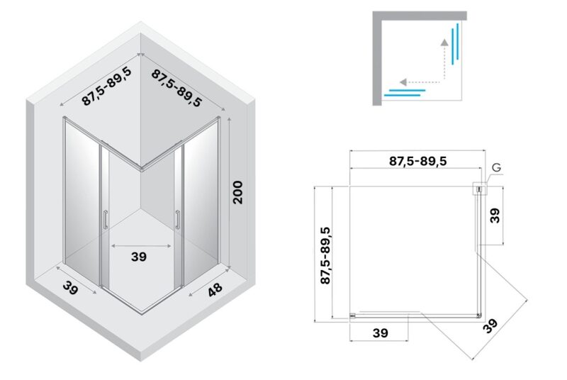 Душова кабіна квадратна PRIME 2D GUNMETAL BRUSHED 90x90x200 скло clear ACTIVE SHIELD 6мм